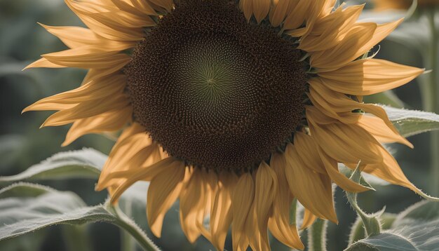 a sunflower with a green center and a light on it