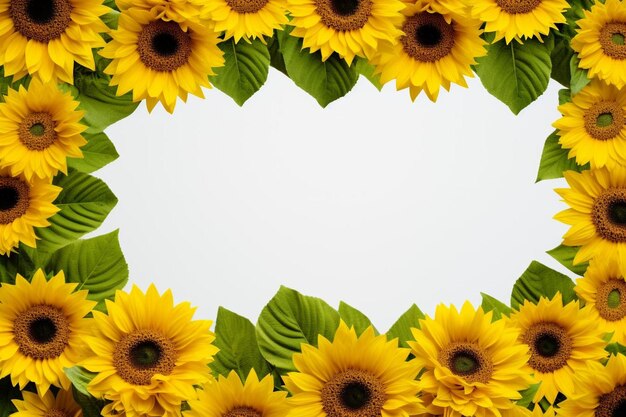 A sunflower with green leaves and a white background