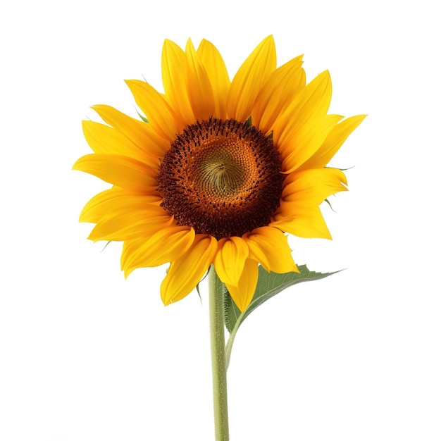 A sunflower with a green stem and a white background