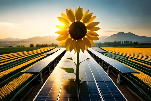 A sunflower with solar panels integrated into its petals symbolizing the harmony between nature and ...