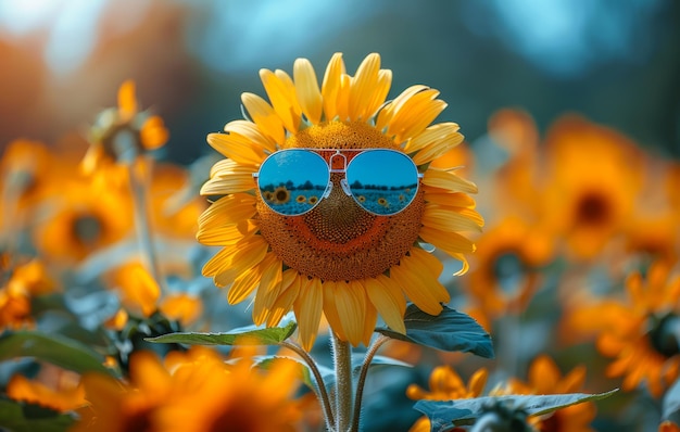 Sunflower with sunglasses in sunflower field An adorable sunflower wearing sunglasses
