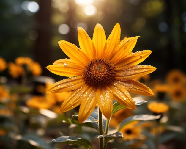 a sunflower with water droplets on it in the sun