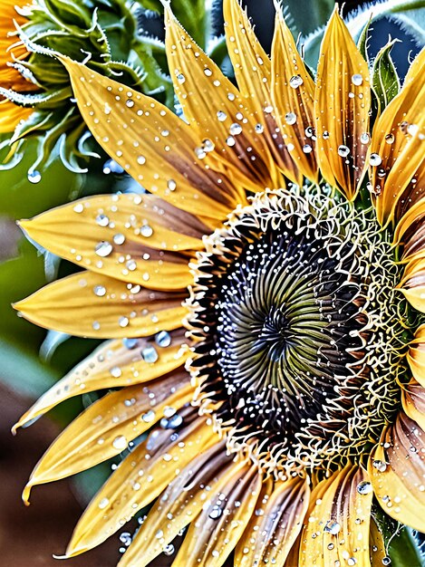 Photo a sunflower with water droplets on it