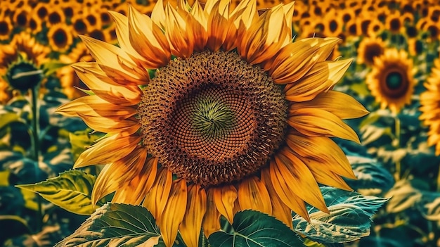 A sunflower with a yellow center and a green leaf on the center.