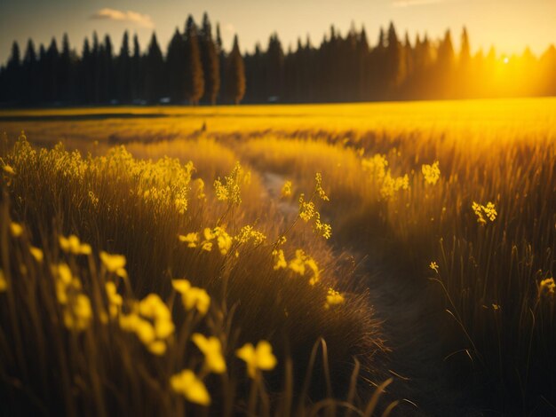 Sunflower yellow flower meadow green landscape vibrant sunset over land in morning