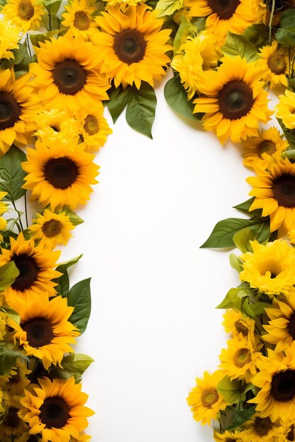 Sunflowers are arranged in a circle with green leaves and yellow flowers