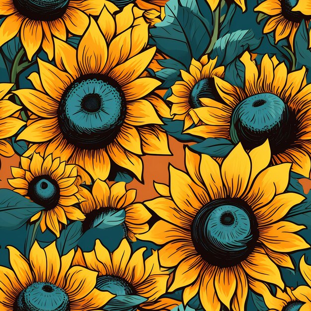 Sunflowers are painted in yellow and blue with a green background