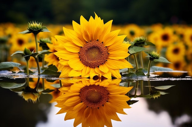 Foto i girasoli si riflettono in uno stagno.