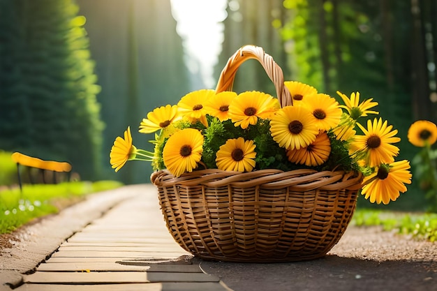 Sunflowers in a basket on a wooden path in the forest