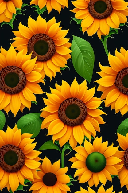 Sunflowers on a black background with green leaves