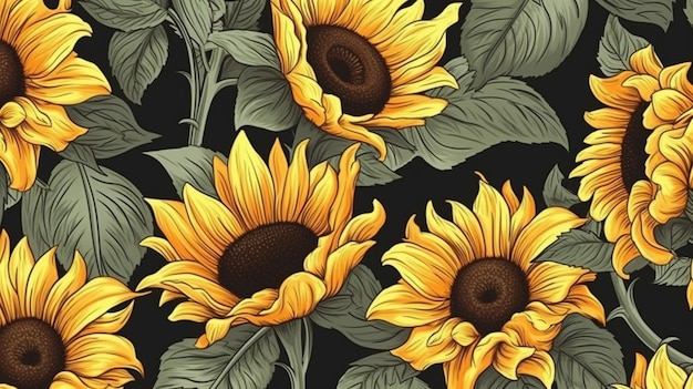 Sunflowers on a black background with leaves.