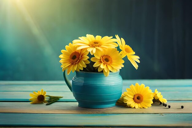 sunflowers in a blue vase on a table