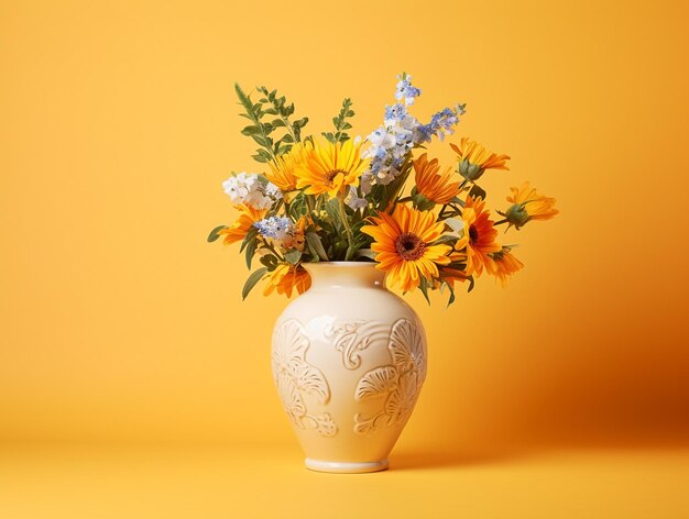 Букет подсолнухов в белой вазе на желтом фоне Изолированные фото Сгенерировано AI