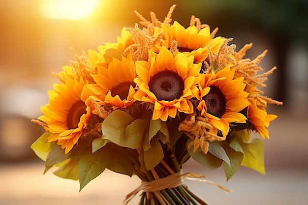 Sunflowers in a bouquet with fall foliage