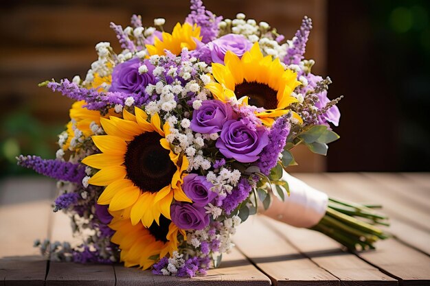 Photo sunflowers in a bouquet with fall foliage