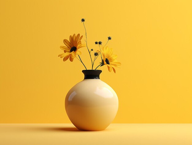 Sunflowers bouquet in a yellow vase on a yellow background isolated photo ai generated
