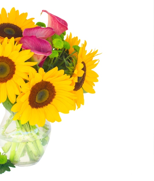 Sunflowers, callas and mums close up isolated