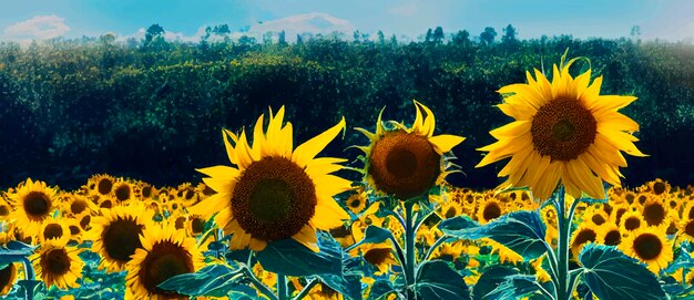 Sunflowers under the colorful sky Beautiful sunflower field