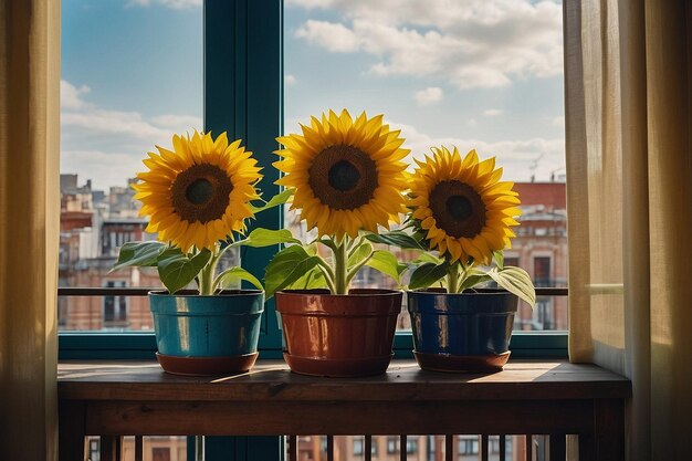 Sunflowers in containers on balcony