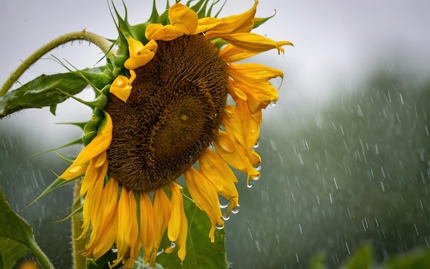 sunflowers drooping in the rain