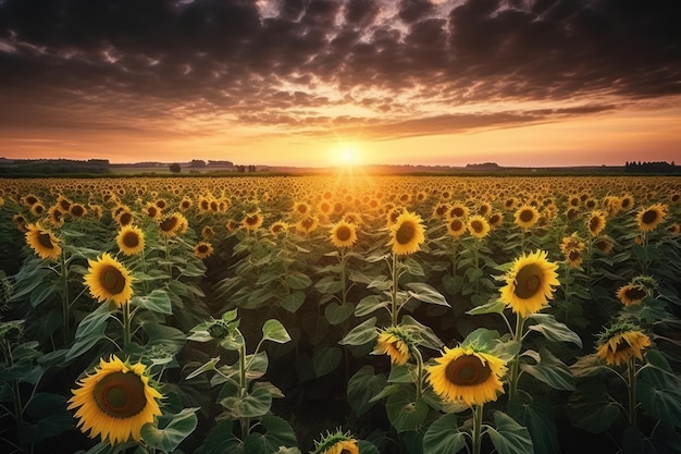 Foto girasoli un campo al tramonto drammatico sullo sfondo del sole al tramonto e del cielo nuvoloso