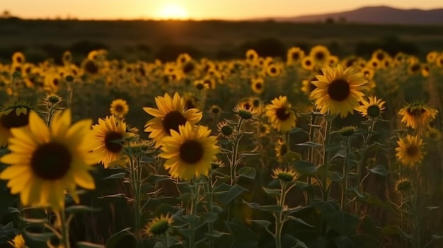 夕暮れ時の畑のひまわり