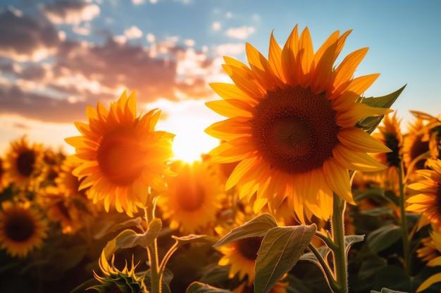 sunflowers in a field at sunset