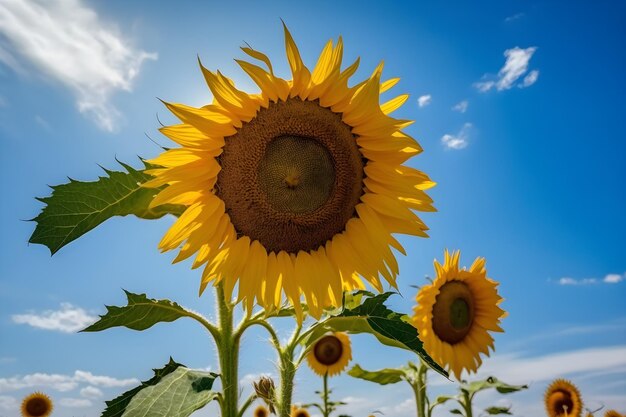 Sunflowers in a field with a blue sky in the background