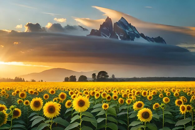 Sunflowers in a field with mountains in the background