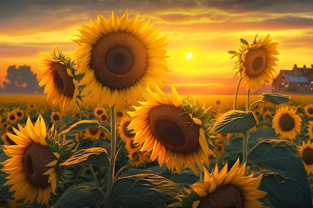 Sunflowers in a field with the sun setting behind them