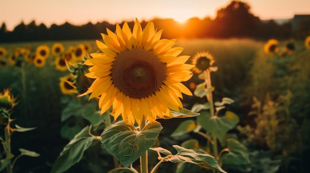 Sunflowers in a field with the sun setting behind them