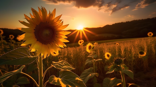 Sunflowers in a field with the sun setting behind them