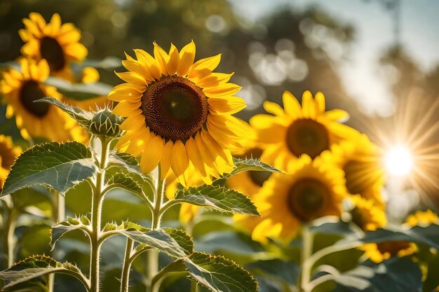 Sunflowers in a field with the sun behind them