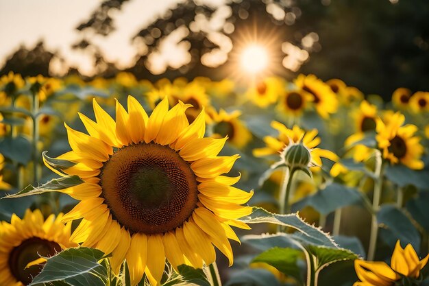 Sunflowers in a field with the sun behind them