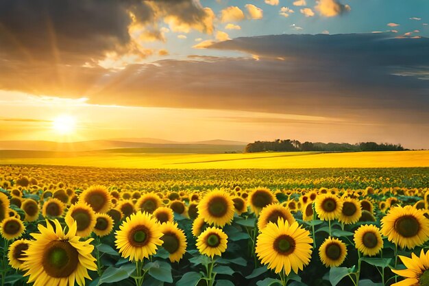 Sunflowers in a field with the sun behind them