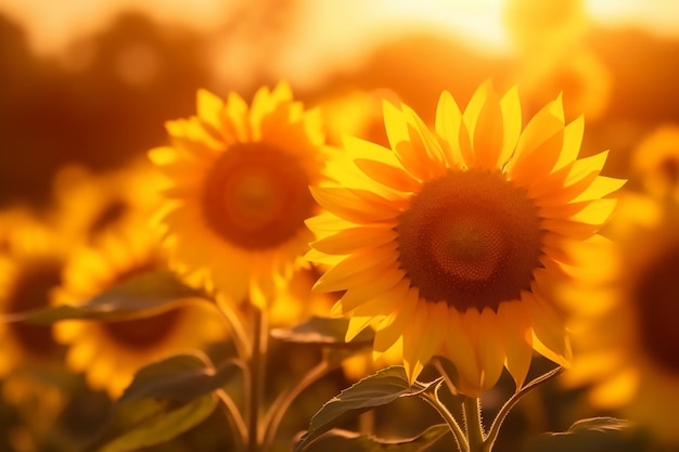 Sunflowers in a field with the sun