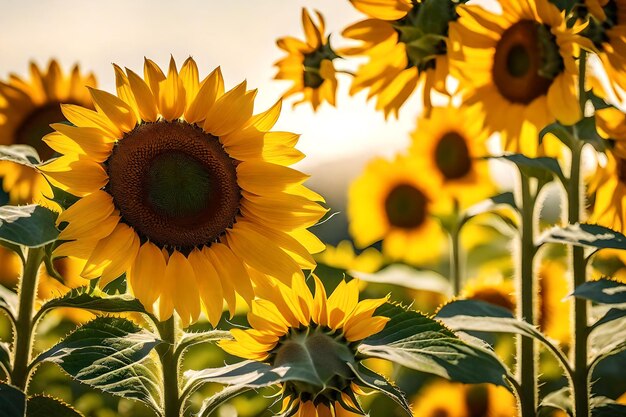 Sunflowers in a field with sunflowers in the background.