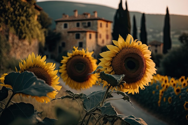 Sunflowers in front of a house in italy