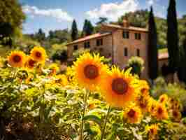 Photo sunflowers in full bloom with tuscan farmhouse backdrop