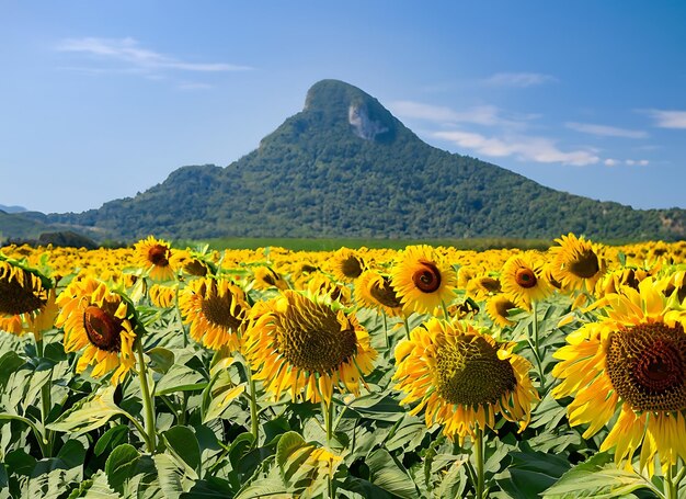 大きな山と青空を背景にひまわり畑にひまわりが咲いている