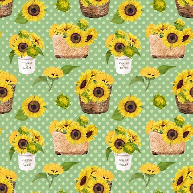 Sunflowers seamless pattern Watercolor illustration