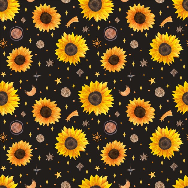 Sunflowers among the stars Watercolor seamless pattern