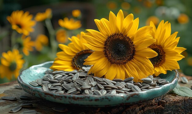 Sunflowers and sunflower seeds in bowl