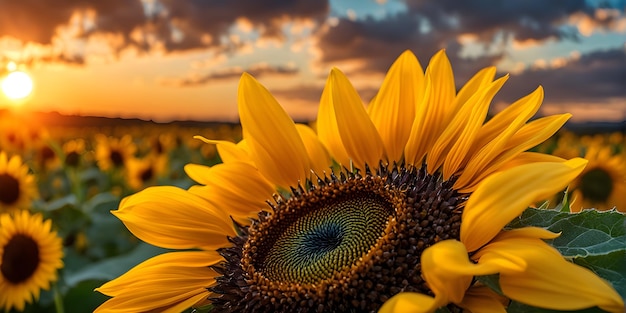 Sunflowers at sunset closeup flower on a blurred background