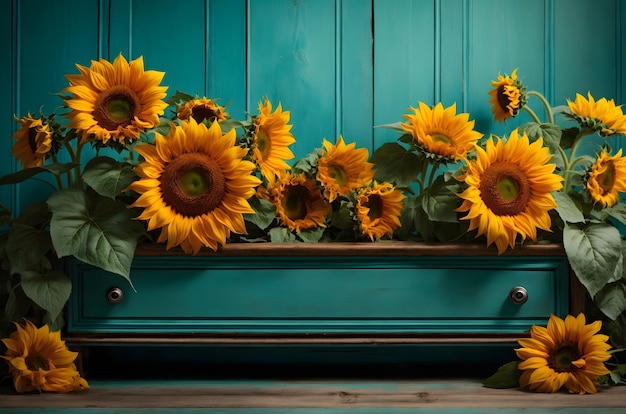 sunflowers on teal rustic wood background floral banner design with copy space text