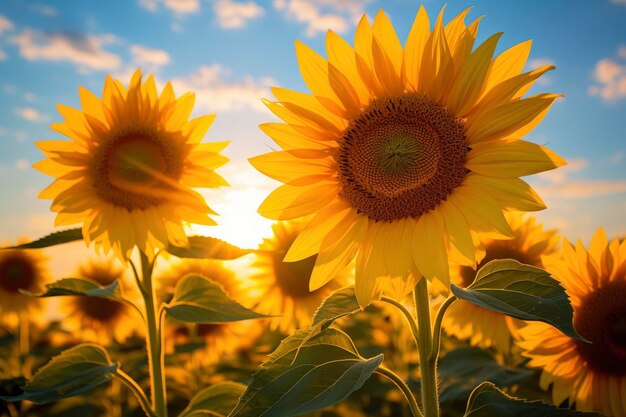 Sunflowers turning toward the sun in the soft morning light