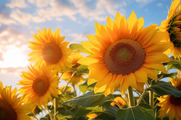 Sunflowers turning toward the sun in the soft morning light