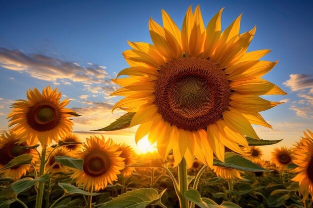 Sunflowers turning toward the sun in the soft morning light