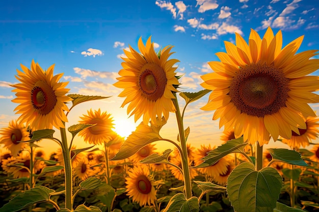 Sunflowers turning toward the sun in the soft morning light