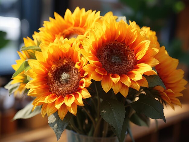 Photo sunflowers in a vase on the windowsill in the morning